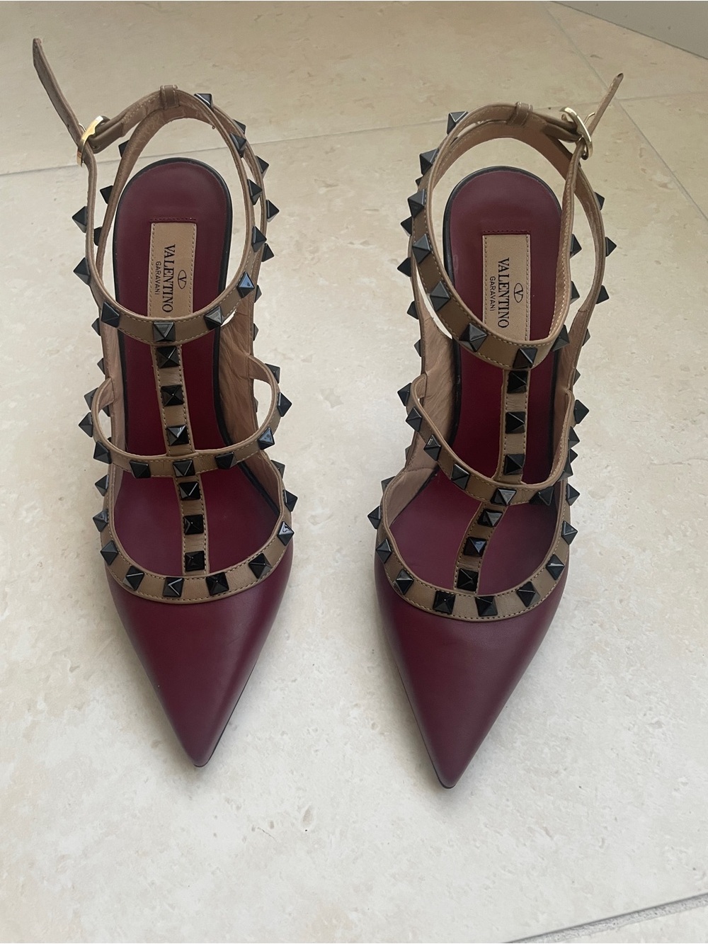 Valentino Garavani Burgundy and Tan Rockstud T-Strap Pointed Pumps